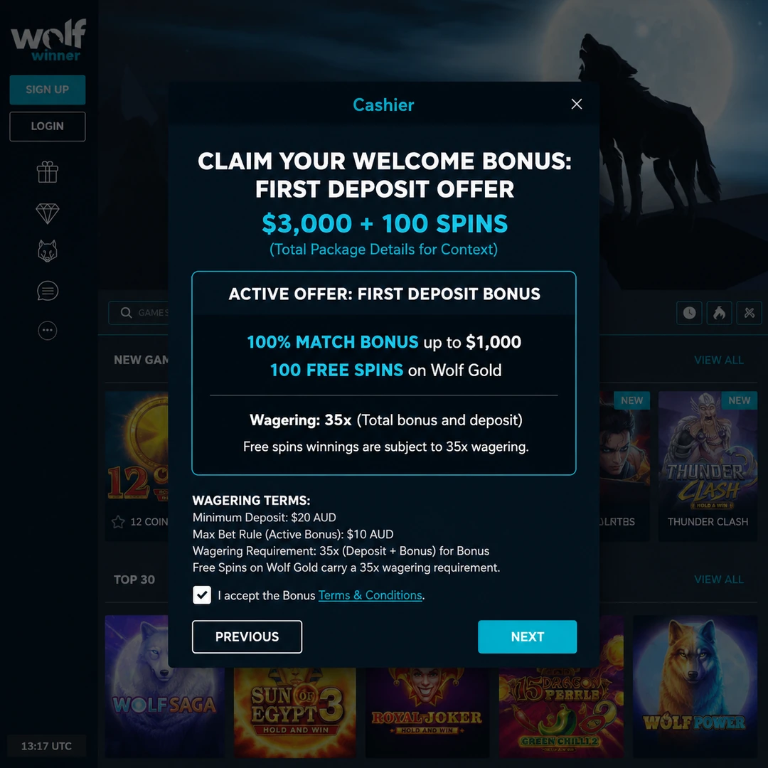 Wolf Winner cashier showing the first-deposit 125 percent match up to A$1,500 with 20 zero-wager free spins on Dragon Pearls, 35x wagering terms at the foot.