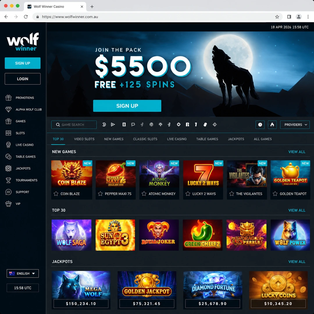 Wolf Winner Casino homepage open in Chrome on 18 June 2026, showing the A$5,500 four-deposit welcome banner and the main navigation.