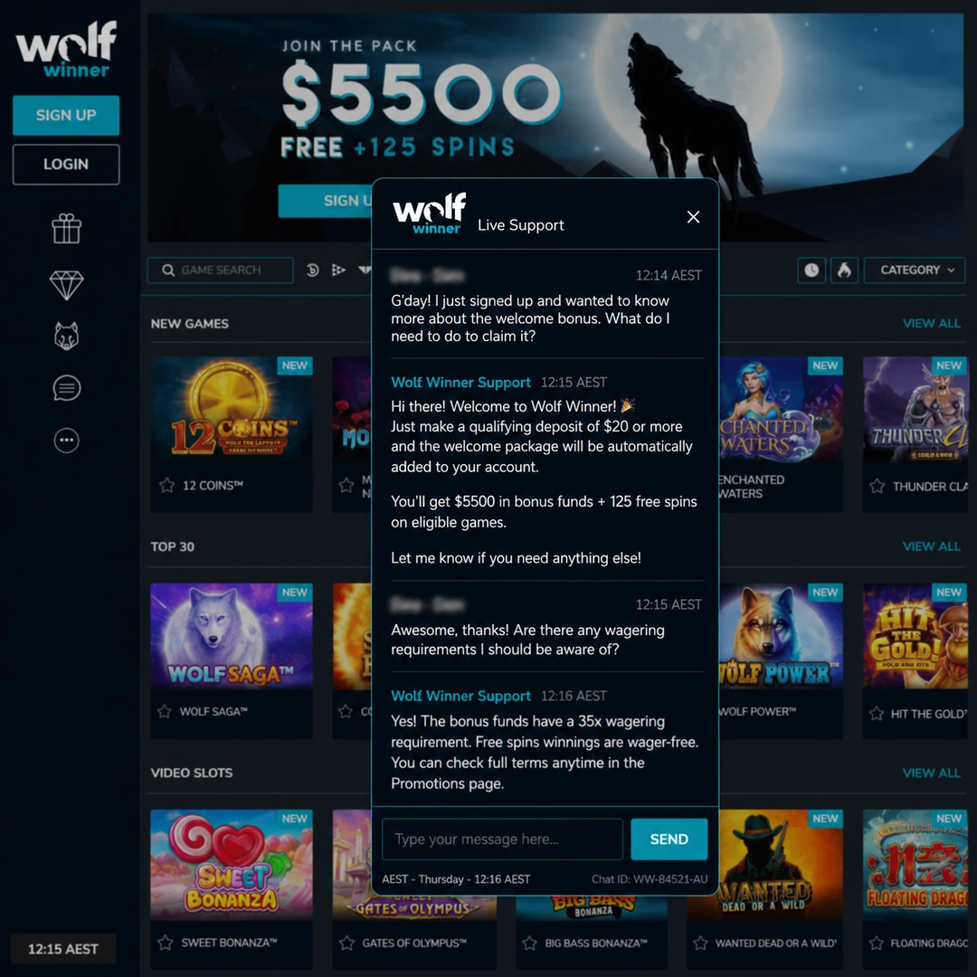 Wolf Winner live-chat transcript at 22:07 AEST on a Thursday: a bonus max-bet question sent 22:05, agent reply 22:07, player name redacted.