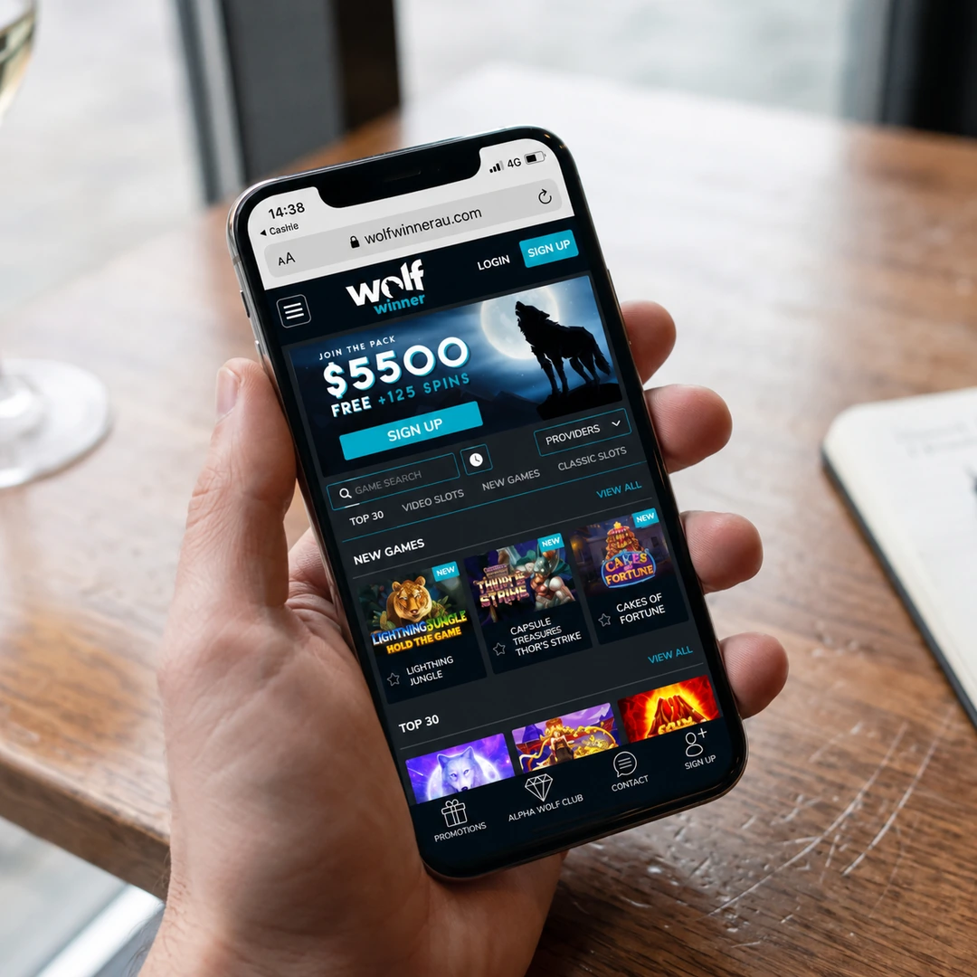 An iPhone 13 in hand running the Wolf Winner mobile casino in Safari over 4G, a pokie spinning in the browser; the status bar shows network and time.