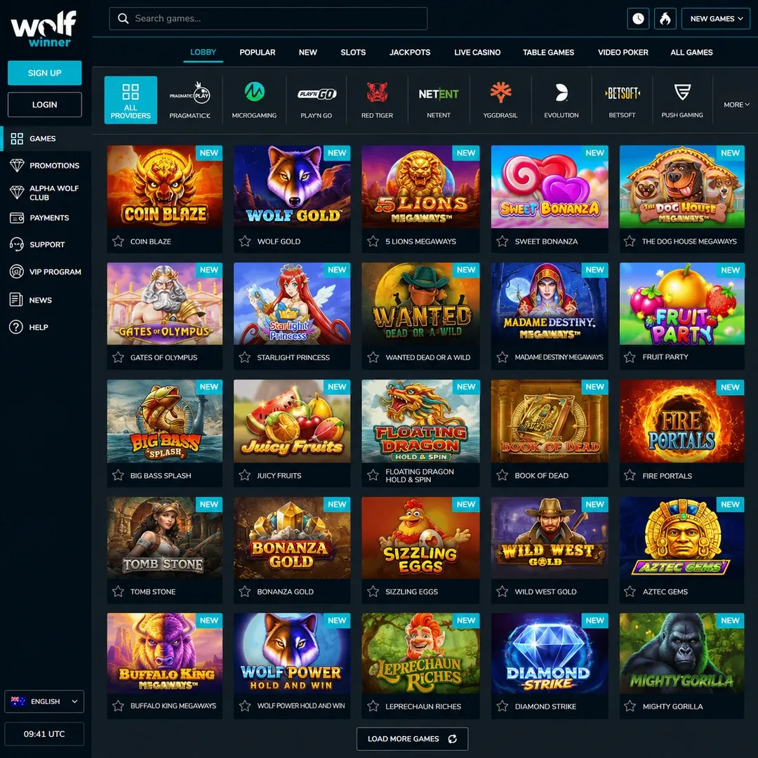 Wolf Winner pokies lobby with the provider filter open.