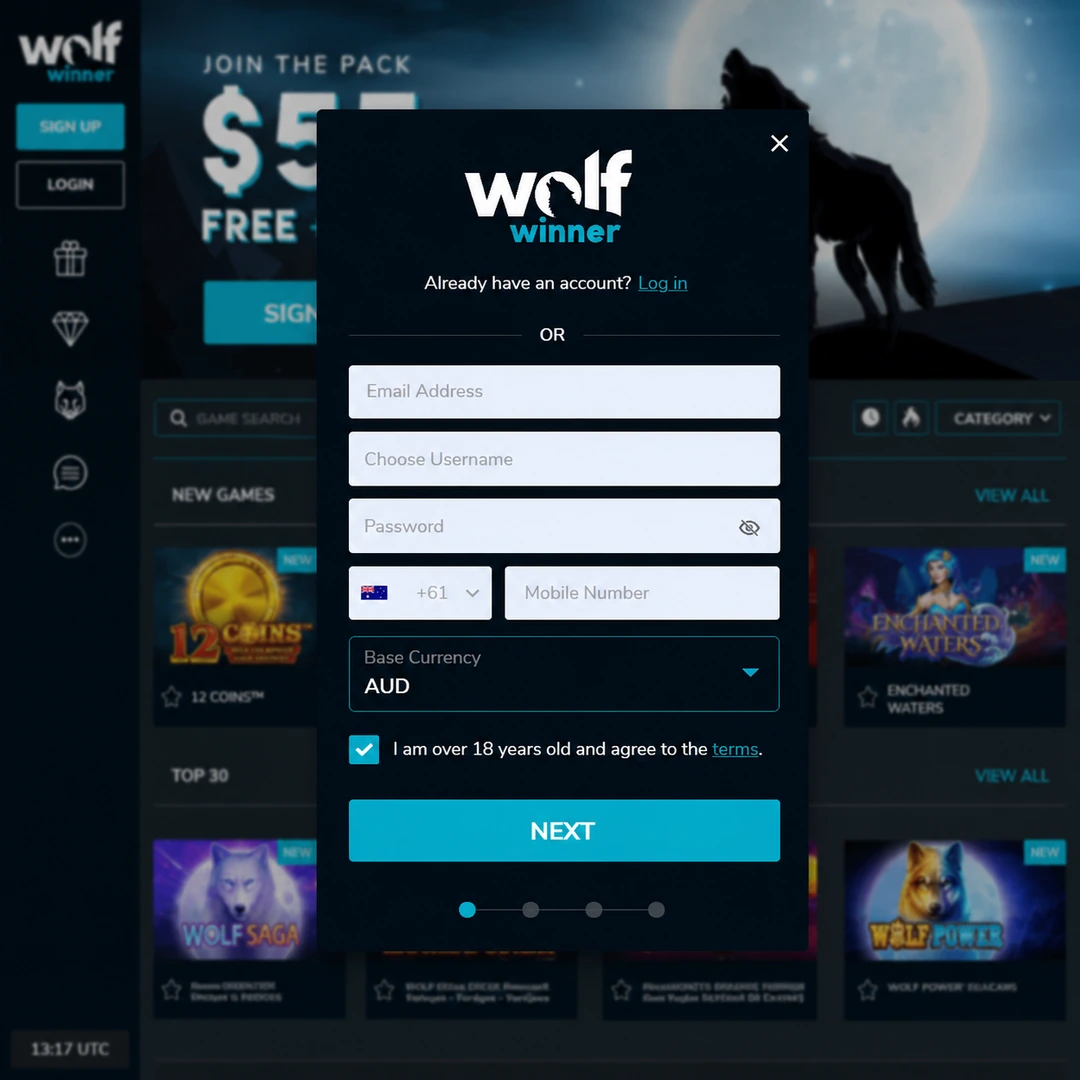 Wolf Winner sign-up form with AUD as base currency and the 18+ age confirmation checkbox; personal data fields redacted.